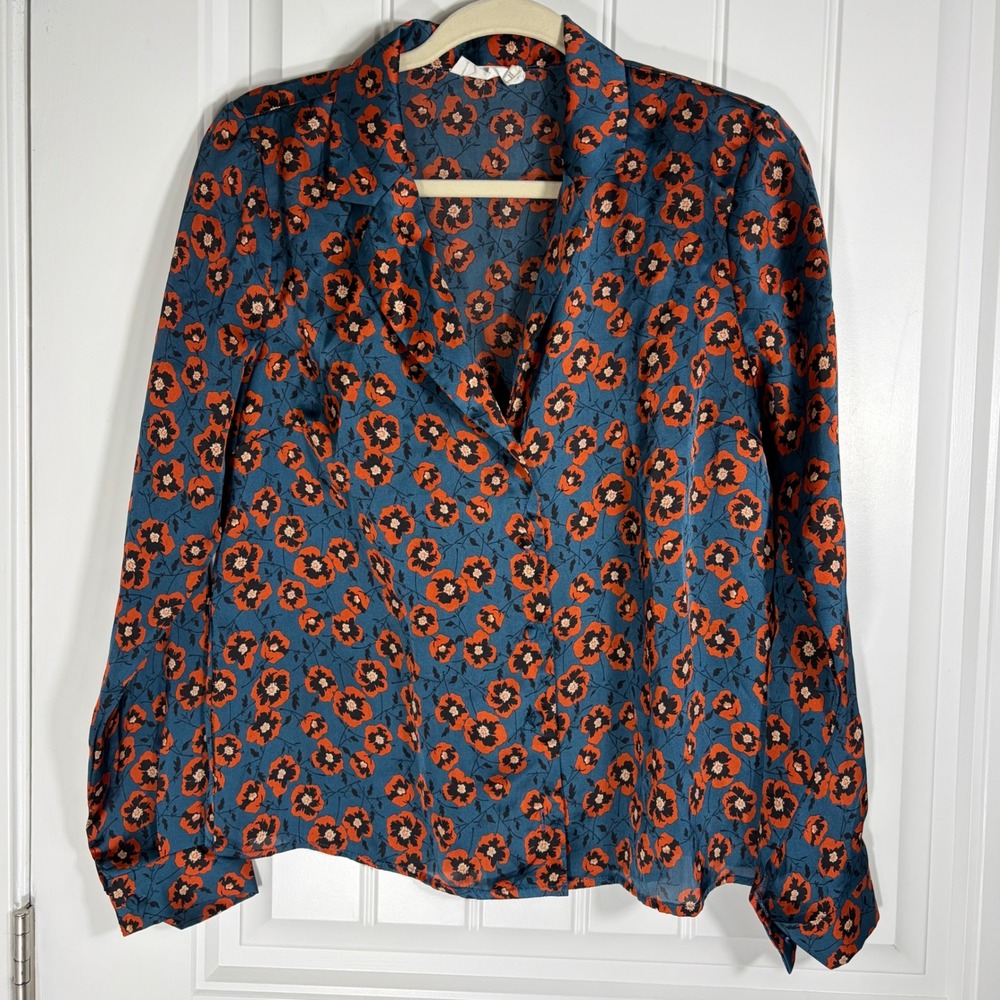 All in Favor Teal Orange Poppy Floral Button Up Blouse IT1525-CI Small